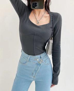 High Waist Cropped Tops Women Fashion Square Neck Long Sleeve T-Shirt Slim Basic Y2K Tees