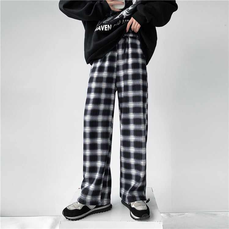 Plaid Pants Women High Waist Drawstring Loose Straight Baggy Pants 2022 Spring and Summer