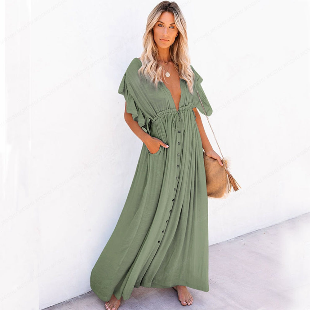 Summer Beach Maxi Dress Women Boho Long Bikini Cover Up High Waist Casual V-Neck Dresses