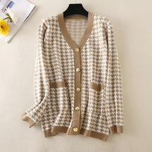 V-neck Striped Cardigans Sweaters Long Sleeve Loose Knitted Open Stitch Outwear