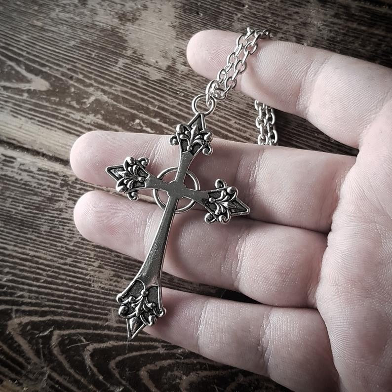 Large Detailed Cross Drill Pendant Necklace Silver Color Tone Gothic Punk Jewellery