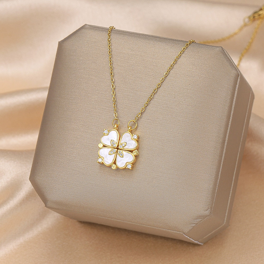 Fashion white mother-of-pearl folding four-leaf clover necklace