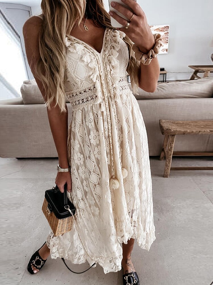 Frauen Kleid Strand Stil elegante weiße Spitze Spaghetti Srap Sommerkleid weiblich aushöhlen Boho