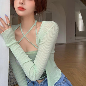 Summer Cardigan Two Piece Sets Women Fashion Slim Green Tie-dye Tops+See Through Thin Knitted