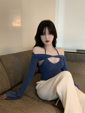 Off Shoulder Tops Women Skinny Slash Neck Halterneck Knitted Shirts y2k Summer 2022