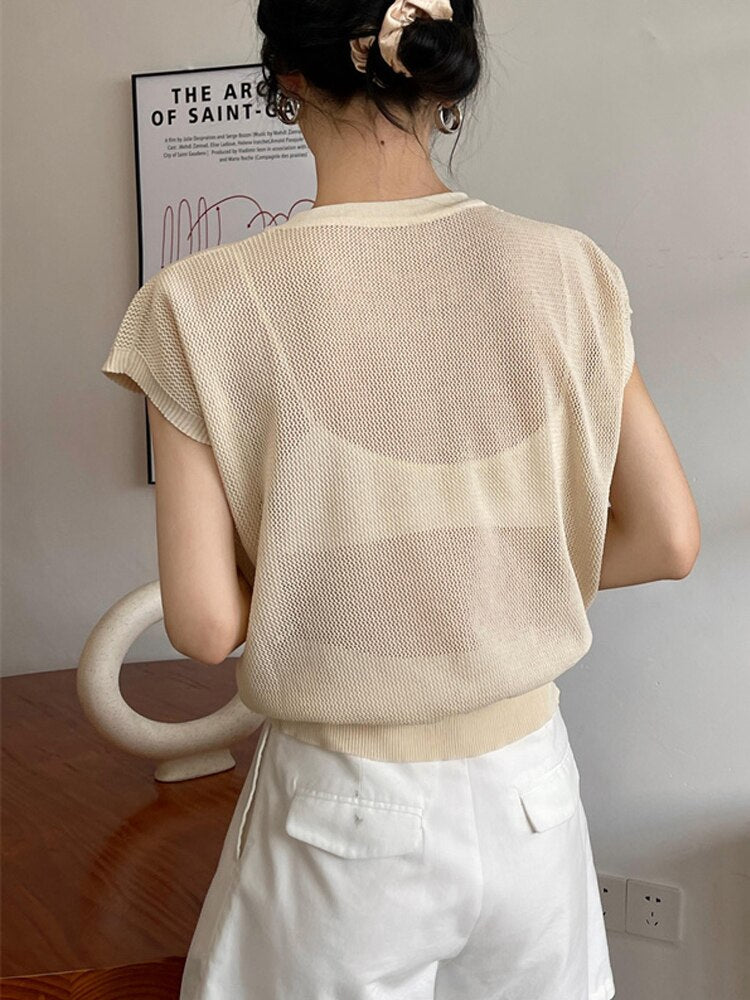 Hollow T-shirt Chain Women Summer New Solid Color Short Sleeve Knitted Tops Female 2022