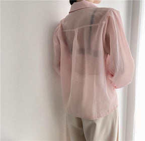 See Through Button Down Shirts Women New Loose Long Sleeve Blouse Female 2022 Summer Suncreen Tops