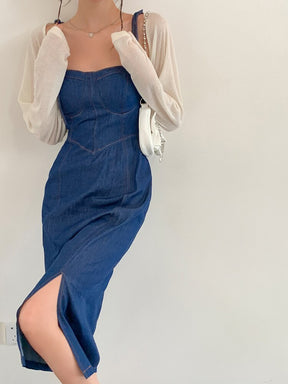 Sommer-Frauen-reizvolles Slip-Denim-Kleid Trägerloses Schnürkleid mit hoher Taille