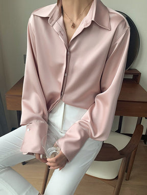 Loose Single-breasted Female Satin Shirts Tops Spring Summer Blusas