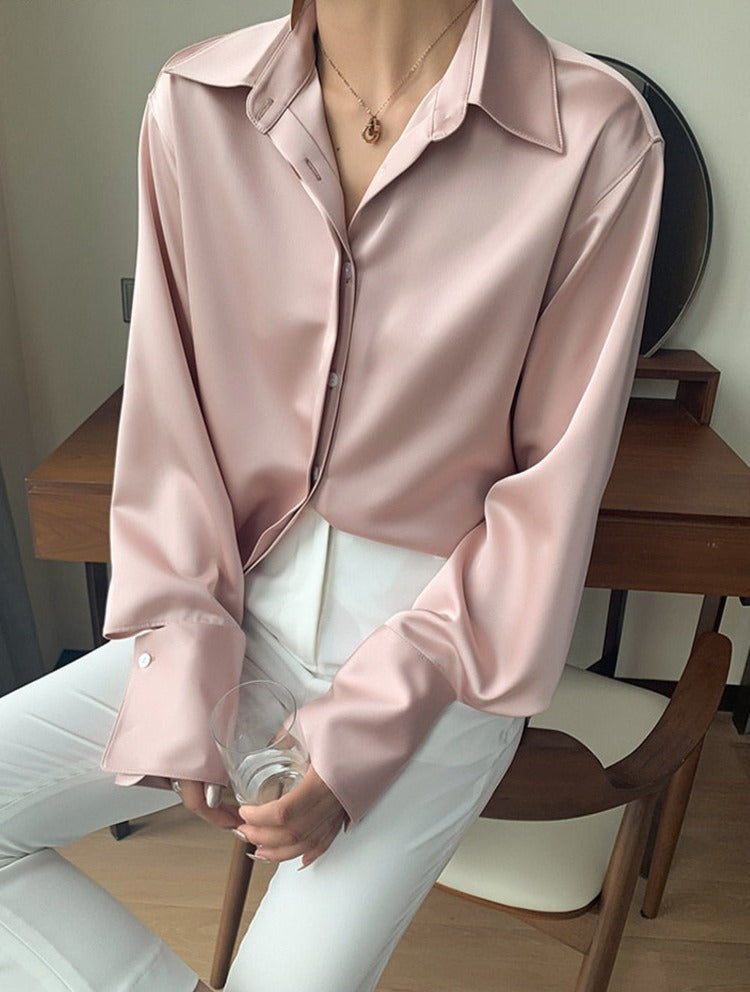 Loose Single-breasted Female Satin Shirts Tops Spring Summer Blusas