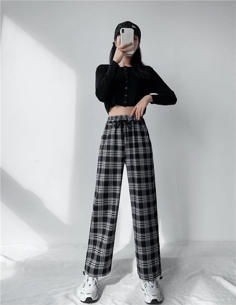 Plaid Pants Women High Waist Drawstring Loose Straight Baggy Pants 2022 Spring and Summer