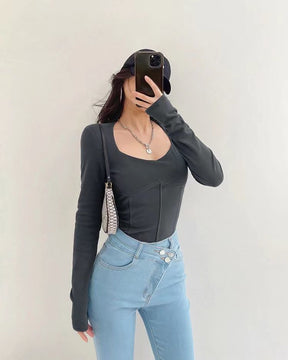 High Waist Cropped Tops Women Fashion Square Neck Long Sleeve T-Shirt Slim Basic Y2K Tees