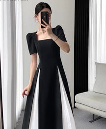 Vintage Square Collar Mid-Length Dress Elegant Short Sleeve Slim Waist Mesh