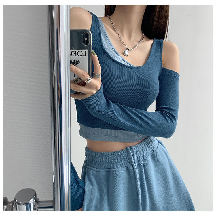 Patchwork Women's T-shirt Fake Two-piece Slim Long Sleeve Y2K Crop Tops Woman