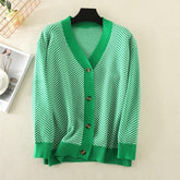 V-neck Striped Cardigans Sweaters Long Sleeve Loose Knitted Open Stitch Outwear