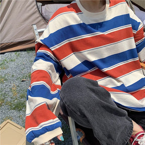 Striped POLO Shirt Men Women Casual Loose Couple BF Lapel Sweatshirts