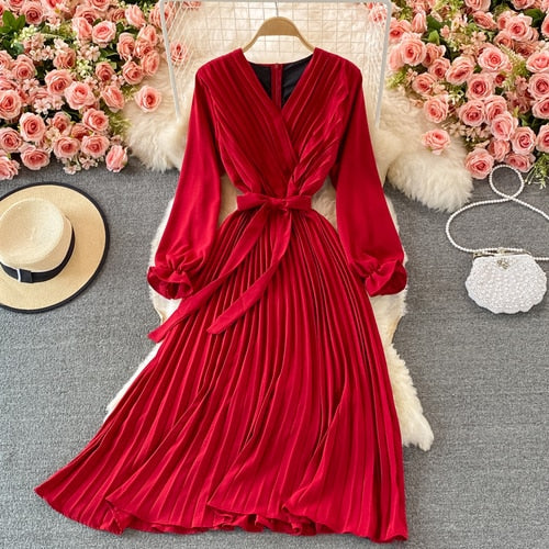 Slim Dress Elegant A Line V Neck Puff Sleeve Chiffon Pullover Mid-Calf Dresses