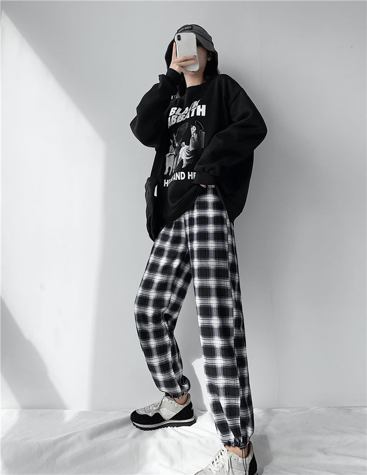 Plaid Pants Women High Waist Drawstring Loose Straight Baggy Pants 2022 Spring and Summer