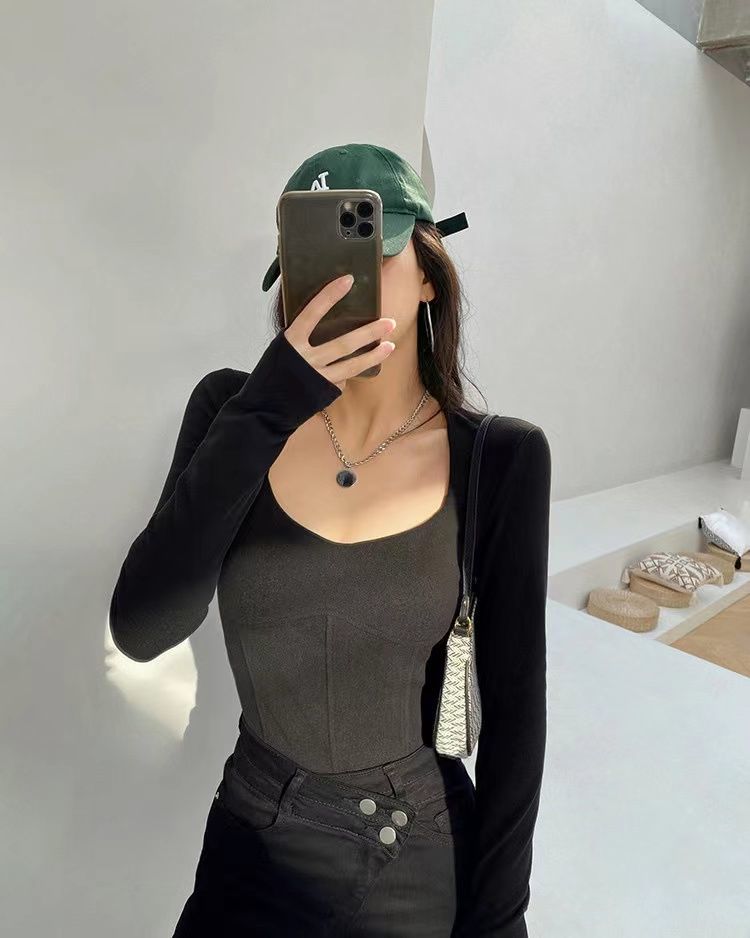 High Waist Cropped Tops Women Fashion Square Neck Long Sleeve T-Shirt Slim Basic Y2K Tees