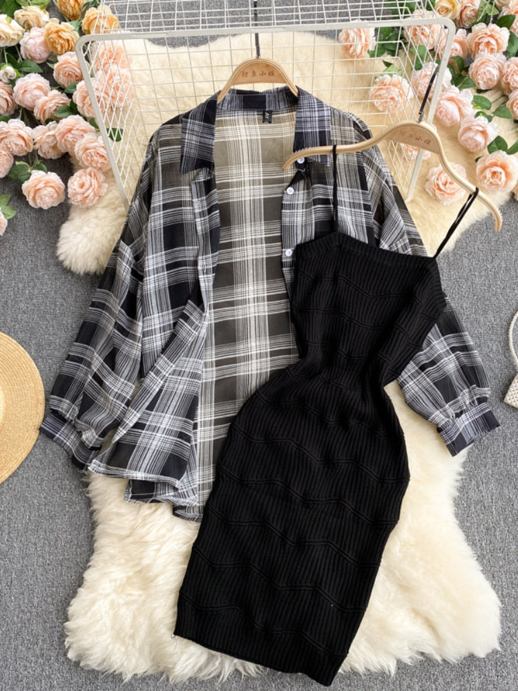 Summer Women Two Piece Set Plaid Long Sleeve Sunscreen Shirt+A-line Knitting Slip Dress