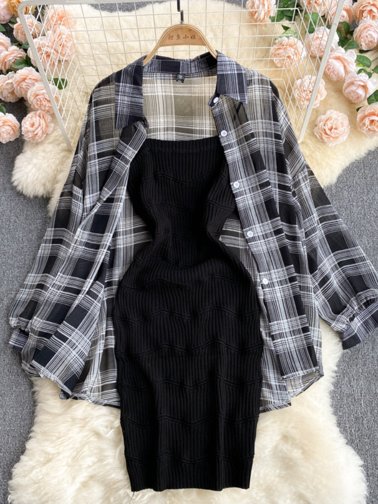 Summer Women Two Piece Set Plaid Long Sleeve Sunscreen Shirt+A-line Knitting Slip Dress