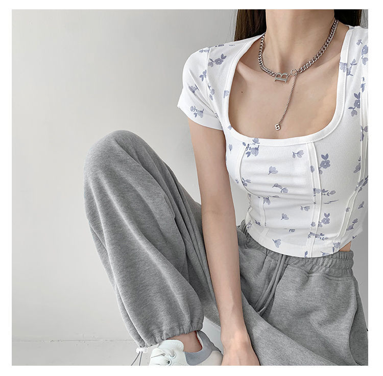 Summer Floral Cropped Top Women Slim Square Neck Short Sleeve White T-shirts Female