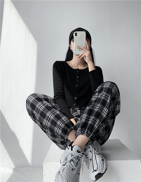 Plaid Pants Women High Waist Drawstring Loose Straight Baggy Pants 2022 Spring and Summer