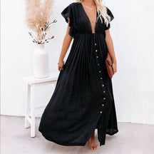 Summer Beach Maxi Dress Women Boho Long Bikini Cover Up High Waist Casual V-Neck Dresses