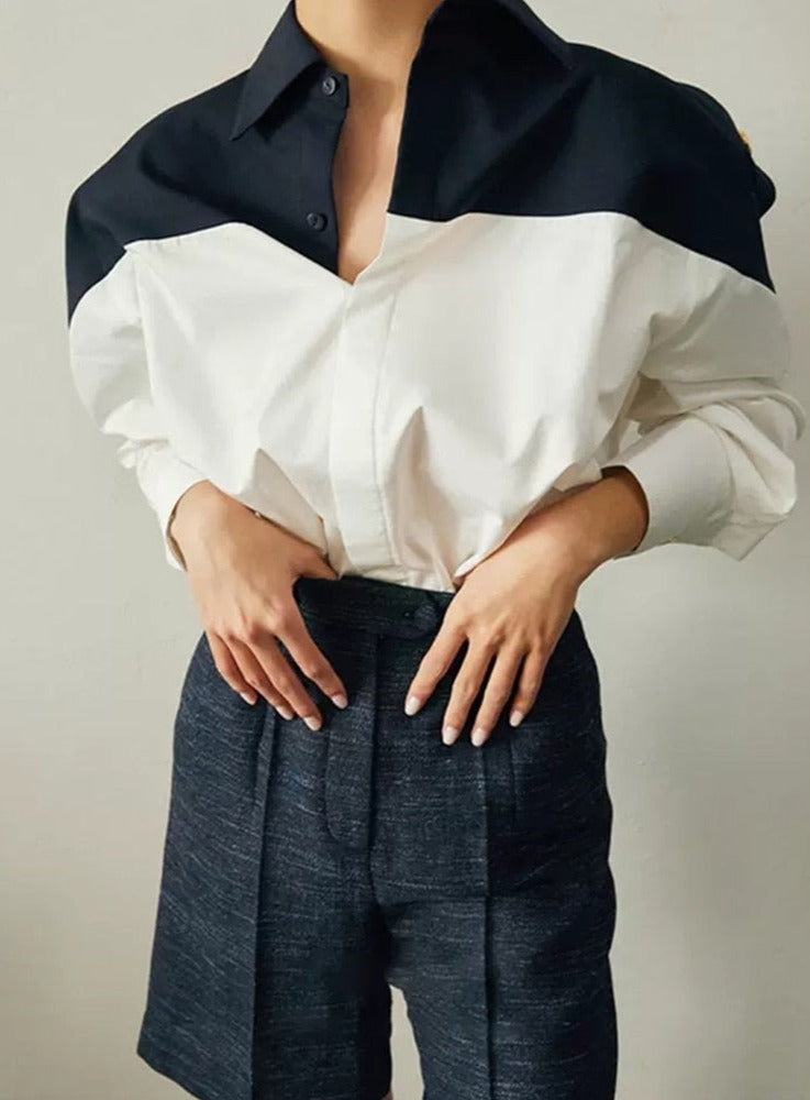 Patchwork Lapel Women Shirts Long Sleeve Single-breasted Loose Female Blouses