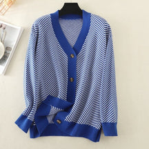 V-neck Striped Cardigans Sweaters Long Sleeve Loose Knitted Open Stitch Outwear