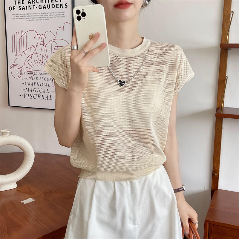 Hollow T-shirt Chain Women Summer New Solid Color Short Sleeve Knitted Tops Female 2022