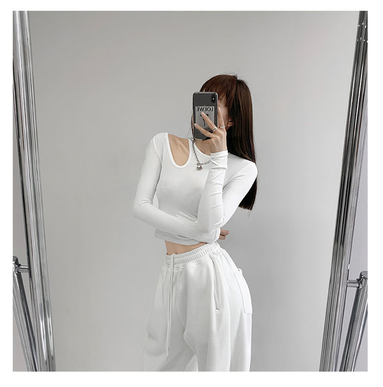 Hollow T-shirt Women Fashion Slim Y2K Cropped Tops Off Shoulder Long Sleeve Tees Woman