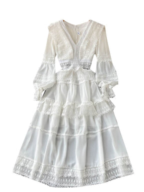 Lace Hollow Out White Dress Women Elegant V-neck Beach Holiday Style Dress