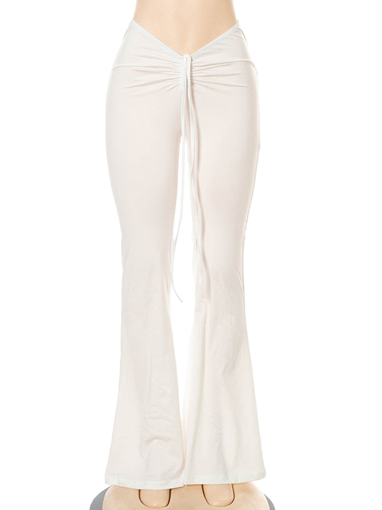 Women Slim Flare Pants Low Waist Drawstring Ruched Wide Leg White Trousers Joggers Sweatpants