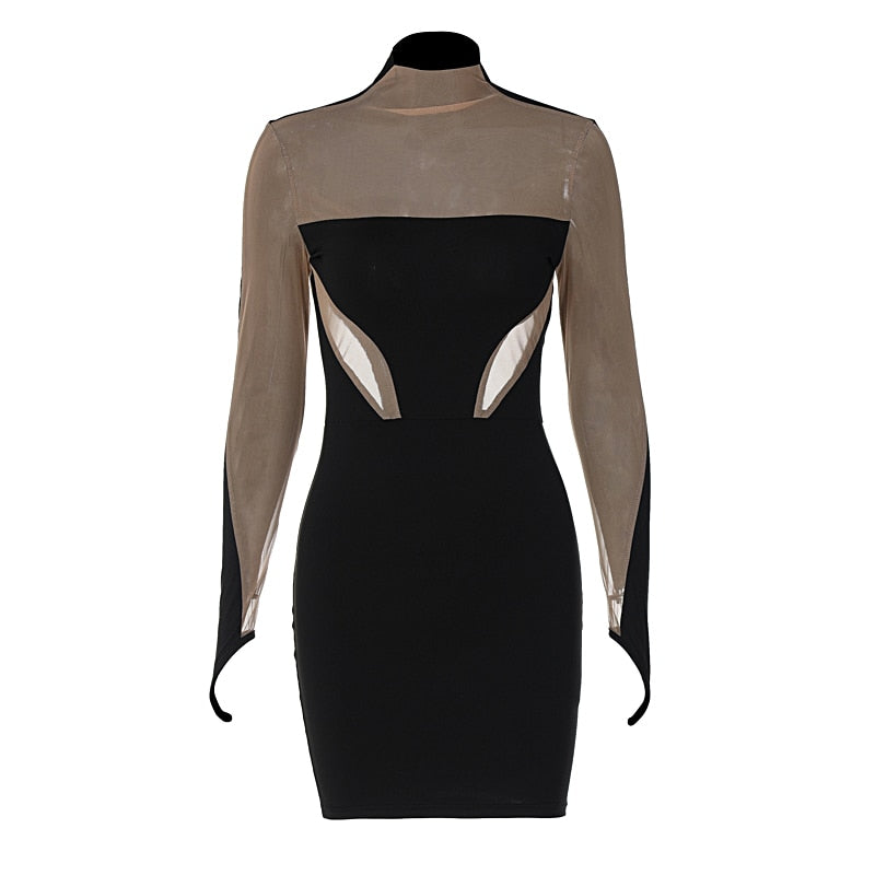 Long Sleeve Patchwork Mesh See Through Sexy Bodycon Mini Dress Evening Clothes