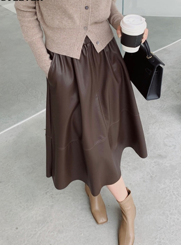 PU Skirts Elastic High Waist  Pockets Faux Leather A-line Skirts