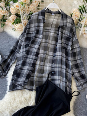 Two Piece Set Long Sleeve Plaid Grey Overcoats Spaghetti Strap Slim Dress