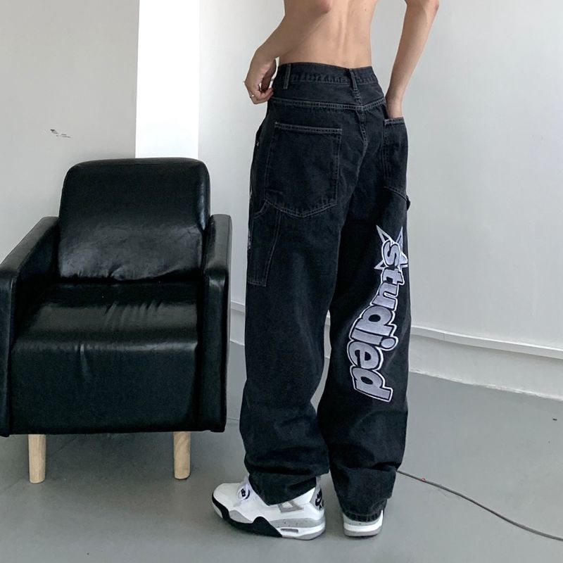 retro hip-hop letter embroidery jeans loose straight-leg pants wide-leg pants for men and women couples