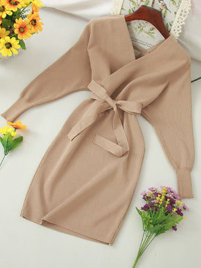 Autumn Women Sexy Elegant Knitted Dress Backless V Neck Sash Tie Up High Waist Dresses