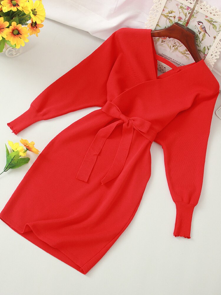 Autumn Women Sexy Elegant Knitted Dress Backless V Neck Sash Tie Up High Waist Dresses