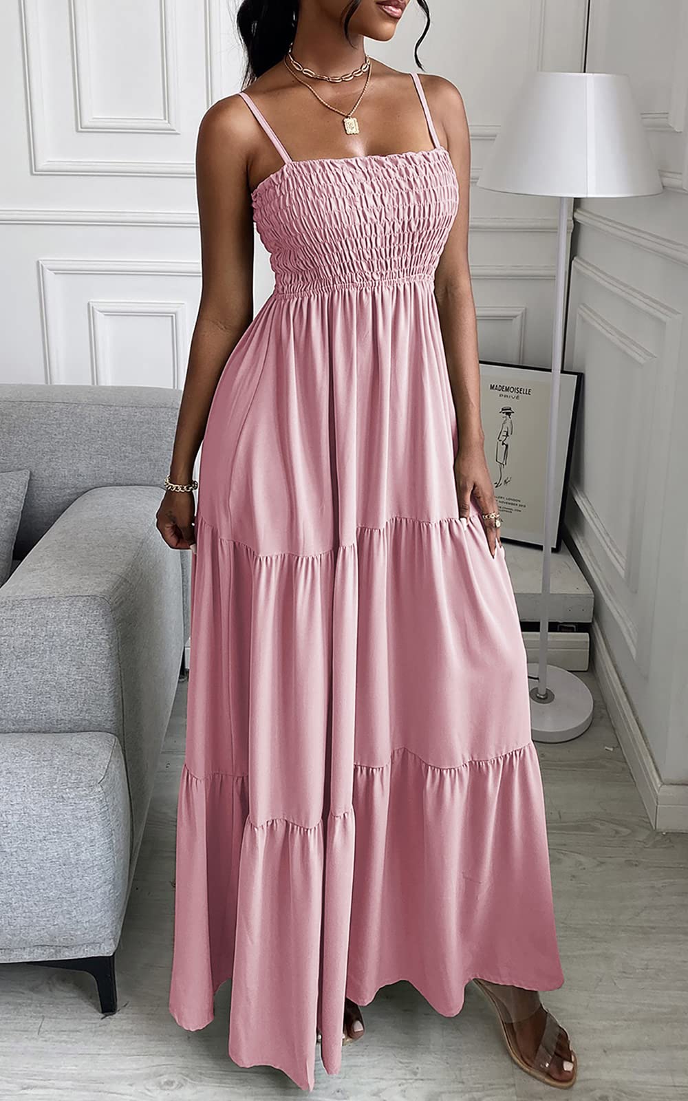 Spaghettiträger Maxikleid Damen Sommer ärmellos gesmokt Boho Long Beach Kleid Sommerkleider