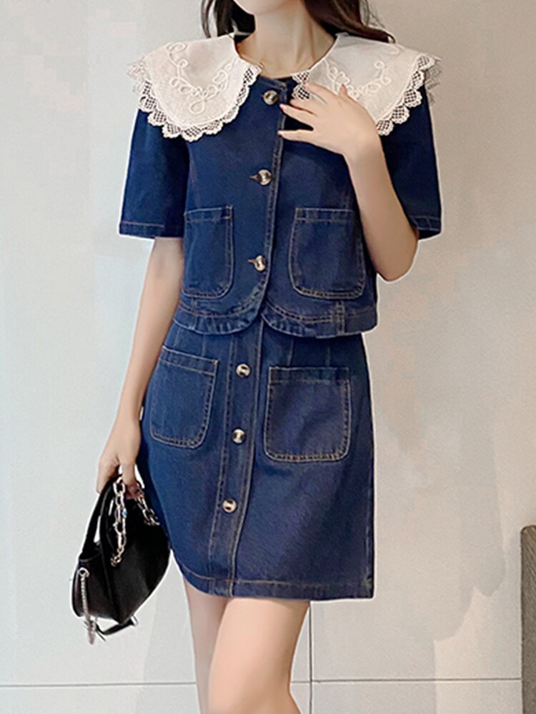 Abito estivo dolce in denim con colletto Peter Pan in pizzo Top monopetto + gonne a trapezio a vita alta