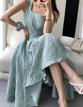 Vintage Square Collar A-line Dress Summer Sleeveless Slim Waist Female Midi Dress