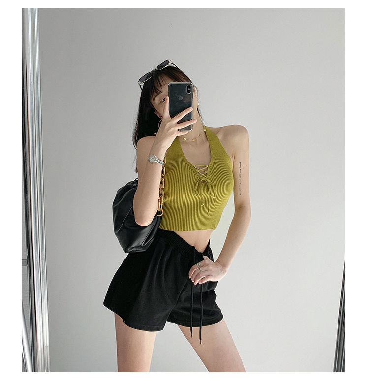 Y2K Women Fashion Slim V-neck Halter Vest Solid Color Woman Bandage Crop Tops