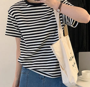 Casual O-neck Women Striped T-shirts  Spring Summer Short Sleeve Loose Female Tops