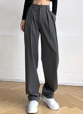 Long Suit Pants High Waist Button Women Wide Leg Trousers