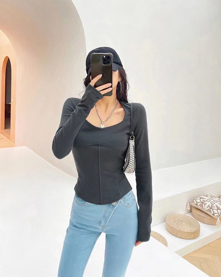 High Waist Cropped Tops Women Fashion Square Neck Long Sleeve T-Shirt Slim Basic Y2K Tees