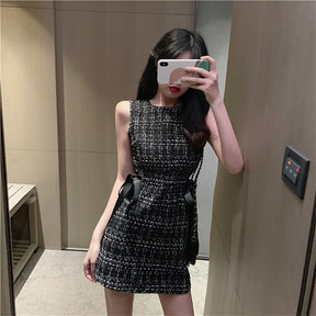 Women Tweed Dress Sleeveless Lace-up Bow O-Neck Plaid Classic Short Dress