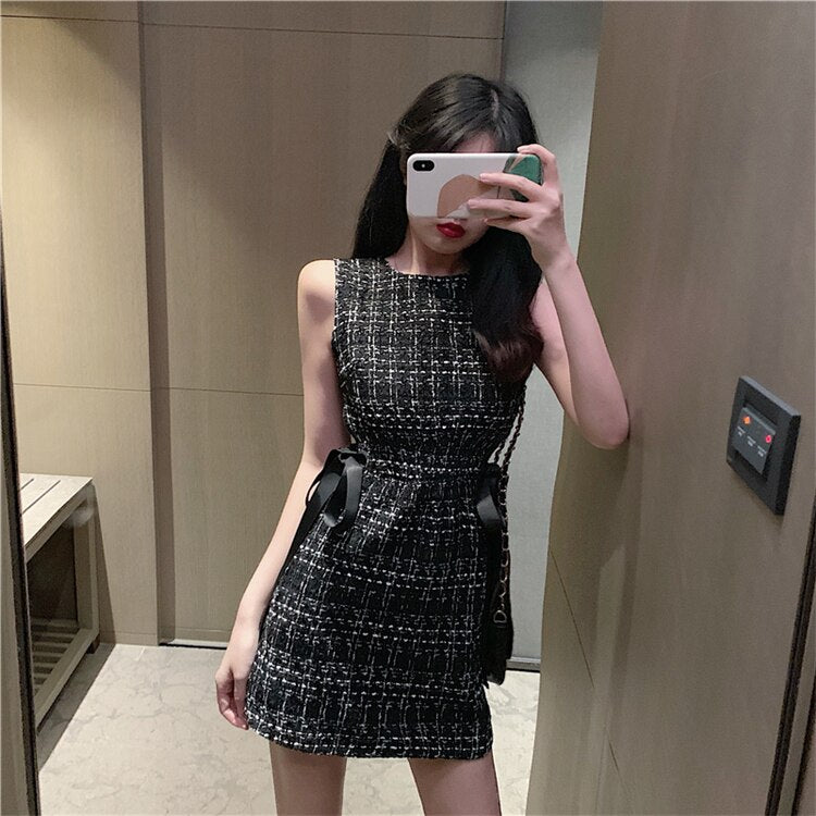 Women Tweed Dress Sleeveless Lace-up Bow O-Neck Plaid Classic Short Dress