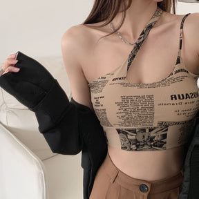 Newspaper Print Camisole Women Slanted Shoulder Hollow Sleeveless Tops Beautiful Back Woman